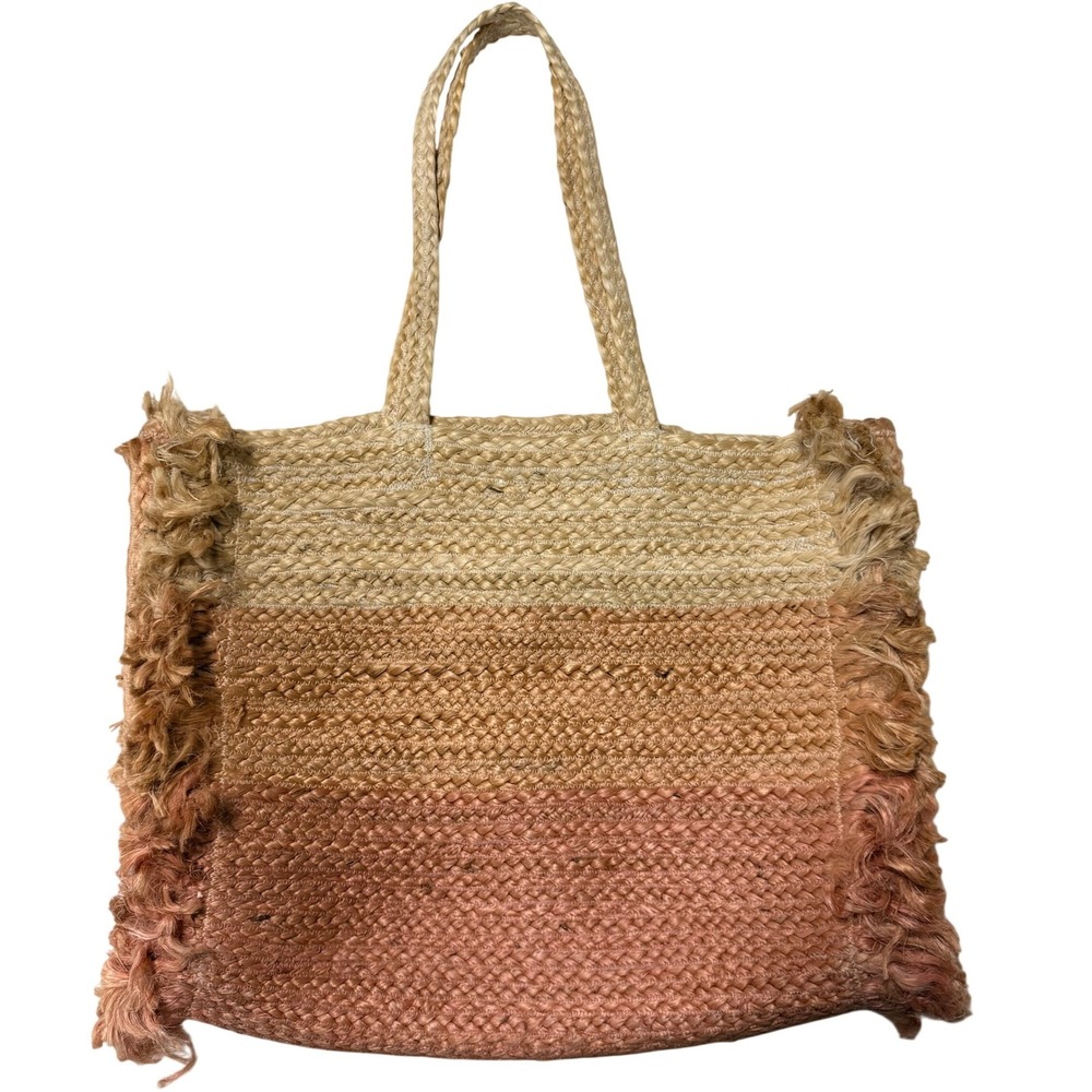 Shiraleah Chicago Ombre Jute Tote Bag Fringe Trim Tan Pink Terracotta Boho Large